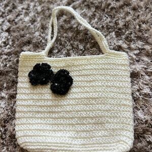 Cream Crochet Tote Bag with Black Flowers